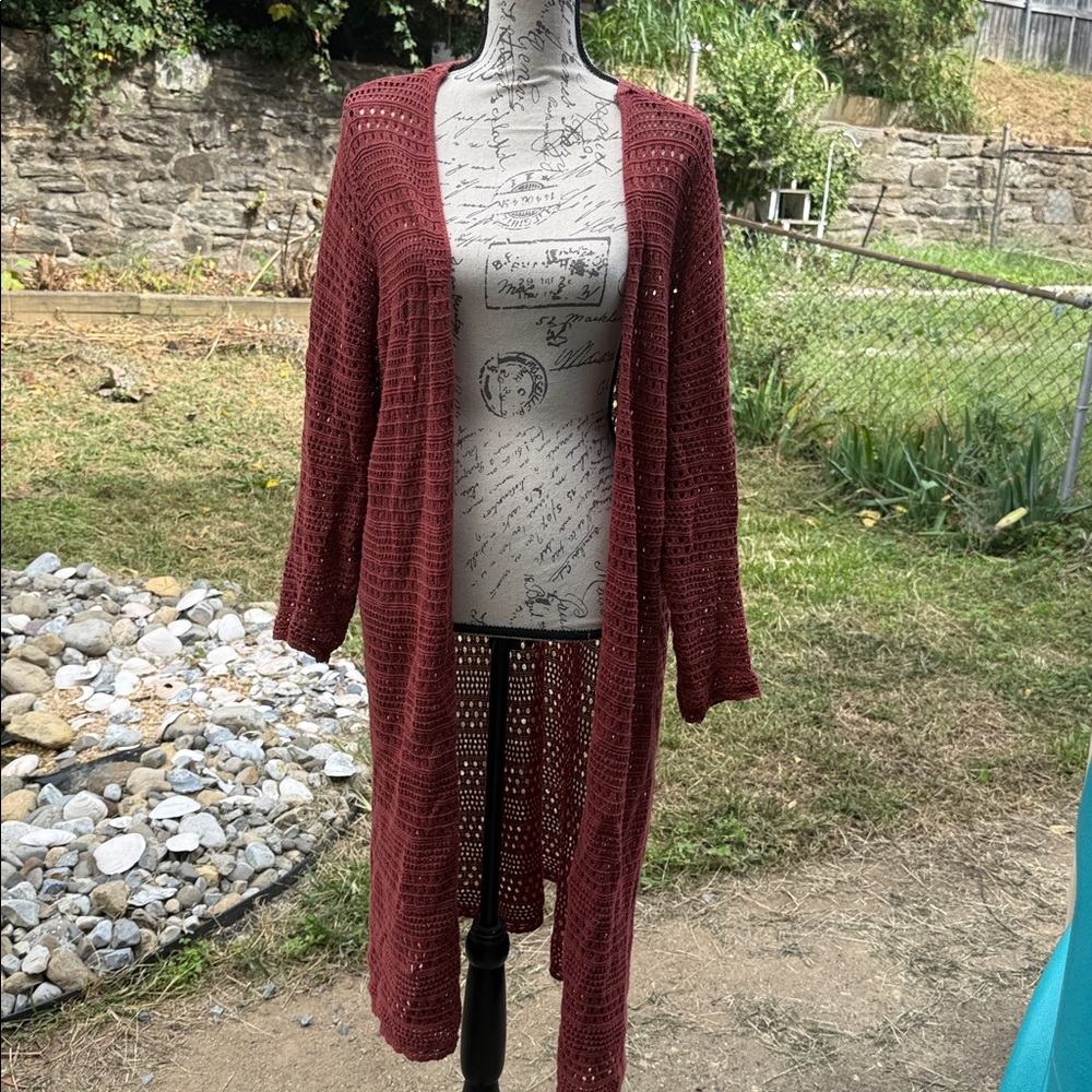 orange/maroon/burgundy Open Knit Cardigan curvy plus torrid